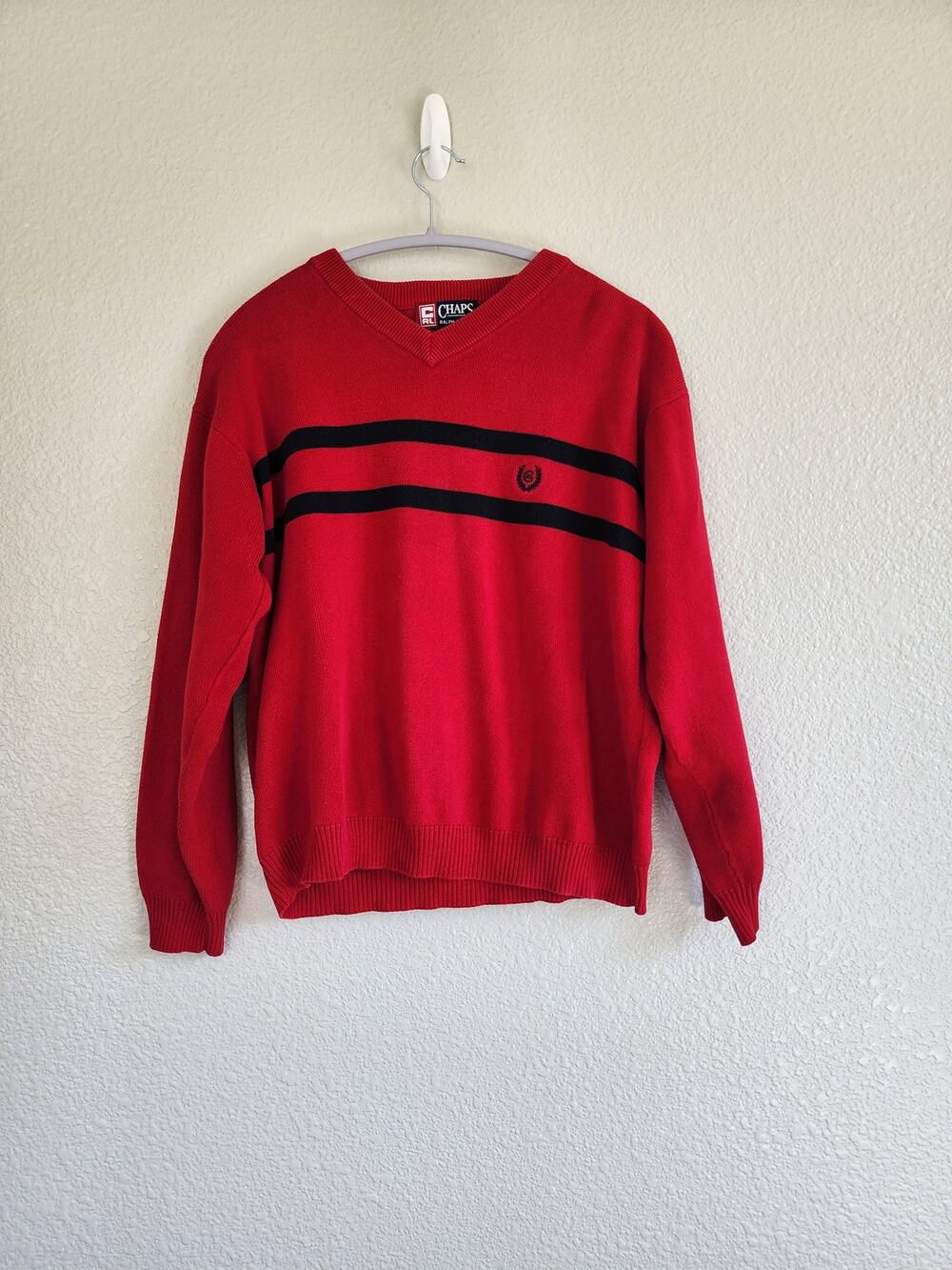 Vintage Chaps Ralph Lauren V-Neck Knit Sweater -Red w/ Navy Stripes & Crest Logo